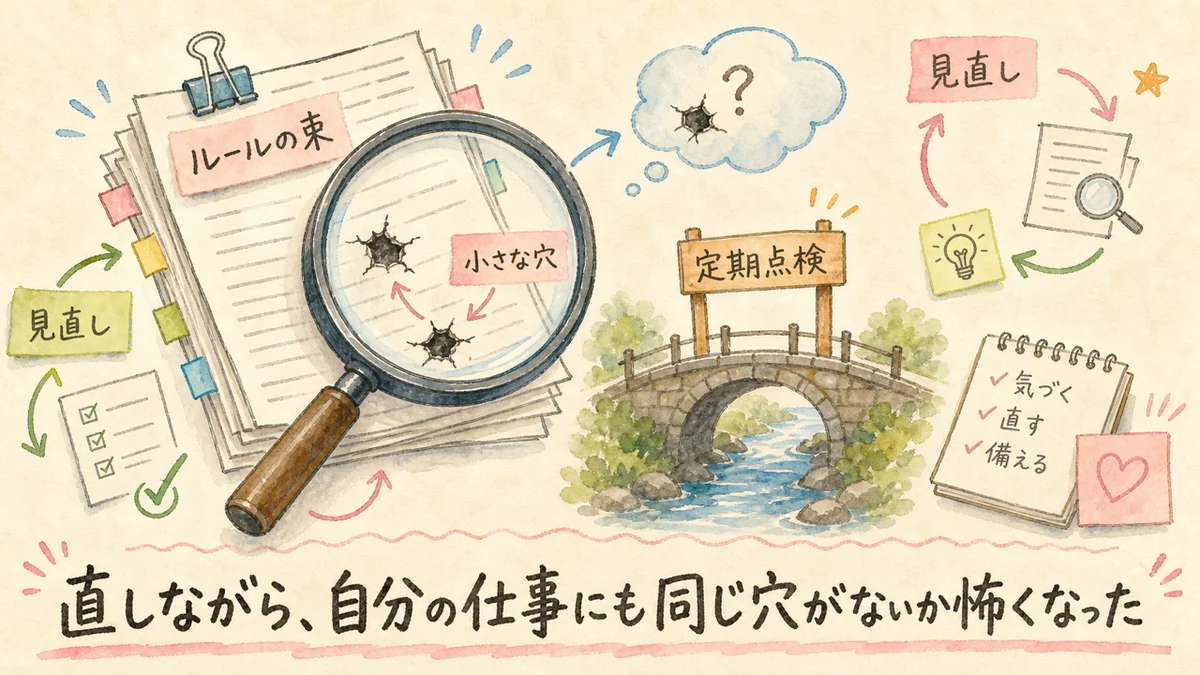 自分のルールの束を覗き込む虫眼鏡の中に小さなヒビが2つ見える定期点検の立て看板の水彩イラスト