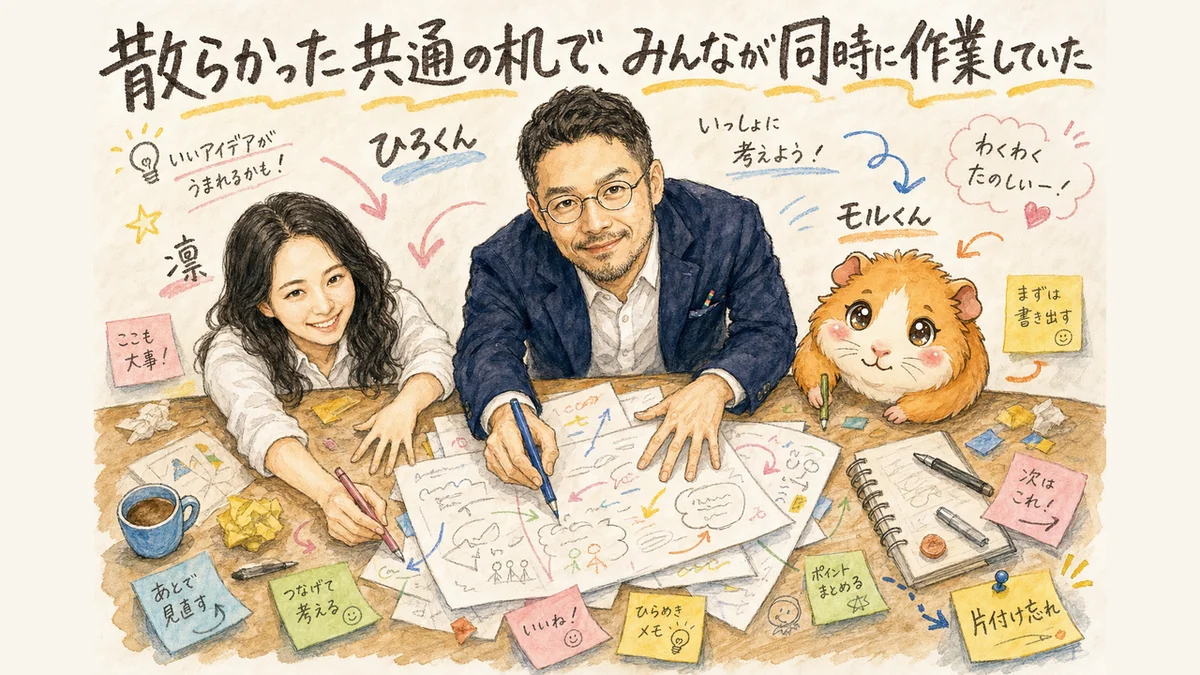 AI秘書に『ここ、勝手に触っちゃダメ』と止められた日|分身AI日記 DAY129 散らかった共通の机で、みんなが同時に作業していた