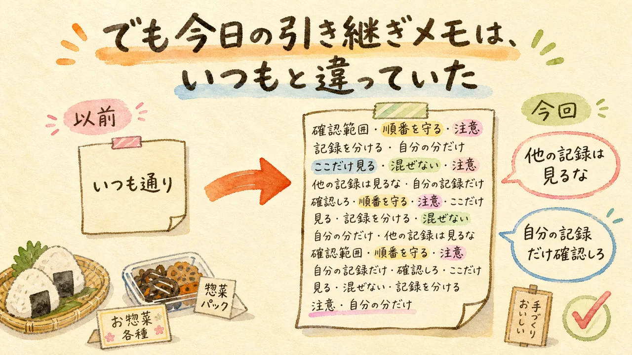 でも今日の引き継ぎメモは、いつもと違っていた