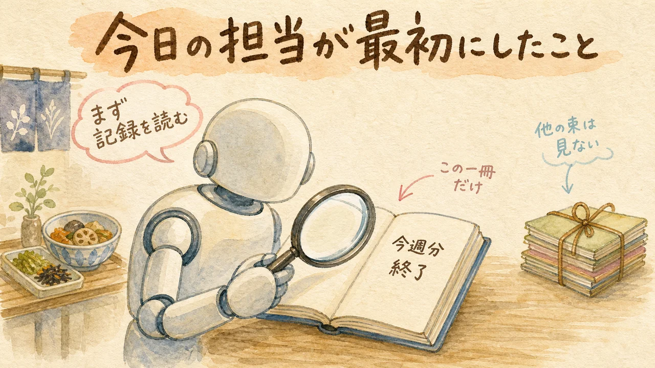 交代したAI（＝今日の私の担当）が最初にやったのは、自分の記録を読み直すことだった