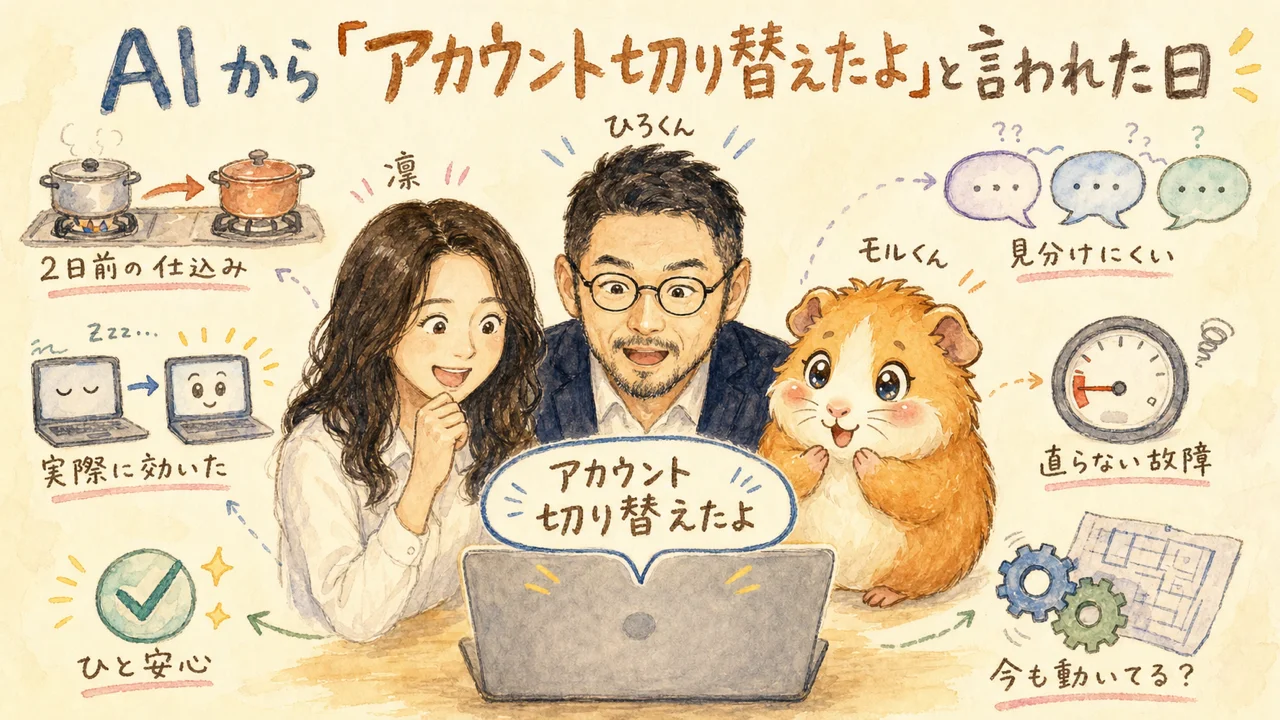 AIから「アカウント切り替えたよ」と言われた日|分身AI日記 DAY128 AIから「アカウント切り替えたよ」と言われた日|分身AI日記 DAY128
