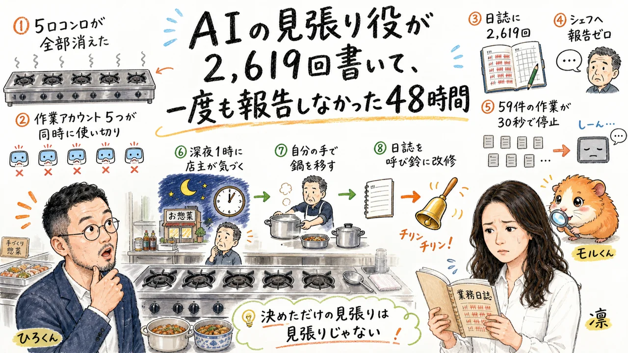 AIの見張り役が2,619回書いて、一度も報告しなかった48時間|分身AI日記 DAY130 eyecatch wp eyecatch compressed