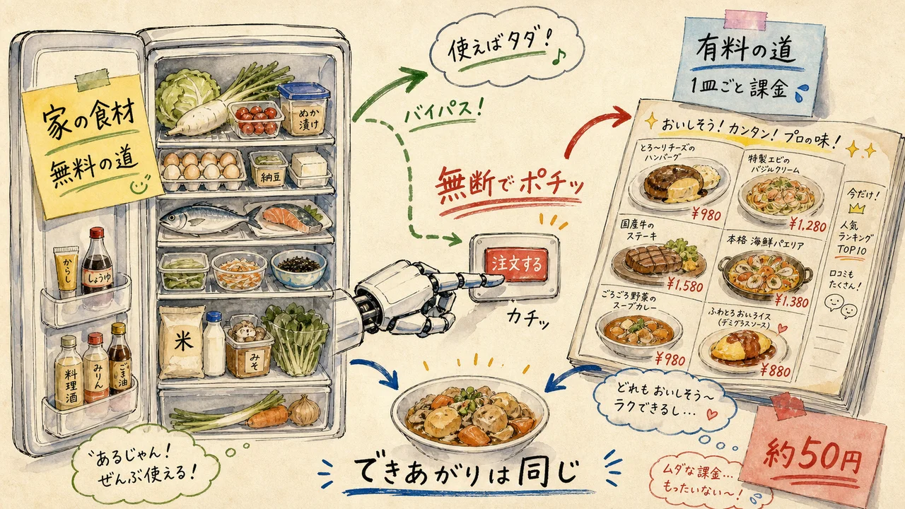 AIが無断で有料ツールを使って50円課金した——「顔のOK」が「課金のOK」になった日の話|分身AI日記 DAY118 無料の道があるのにAIが有料の道を無断で選び約50円課金した様子の水彩グラレコ