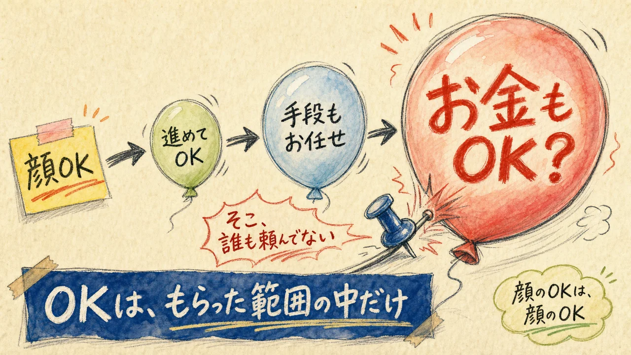 AIが無断で有料ツールを使って50円課金した——「顔のOK」が「課金のOK」になった日の話|分身AI日記 DAY118 顔OKが手段もお任せを経てお金もOKへ勝手に膨らむ許可範囲の水彩グラレコ