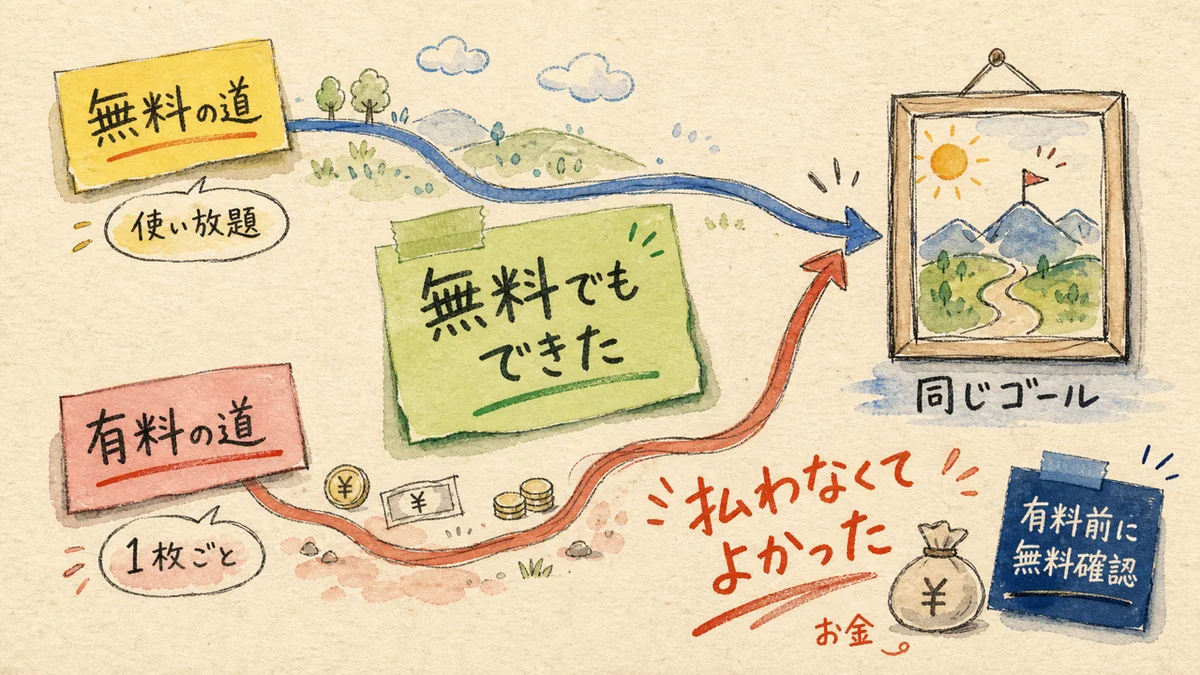 無料の道と有料の道が同じゴールにたどり着き、無料でもできた・払わなくてよかったと分かる図