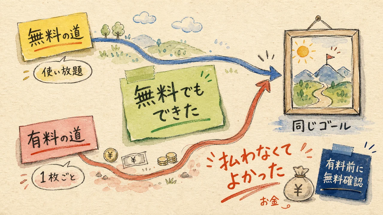 AIが無断で有料ツールを使って50円課金した——「顔のOK」が「課金のOK」になった日の話|分身AI日記 DAY118 無料の道でも同じゴールへ到達でき、払わなくてよかったお金を示す水彩グラレコ