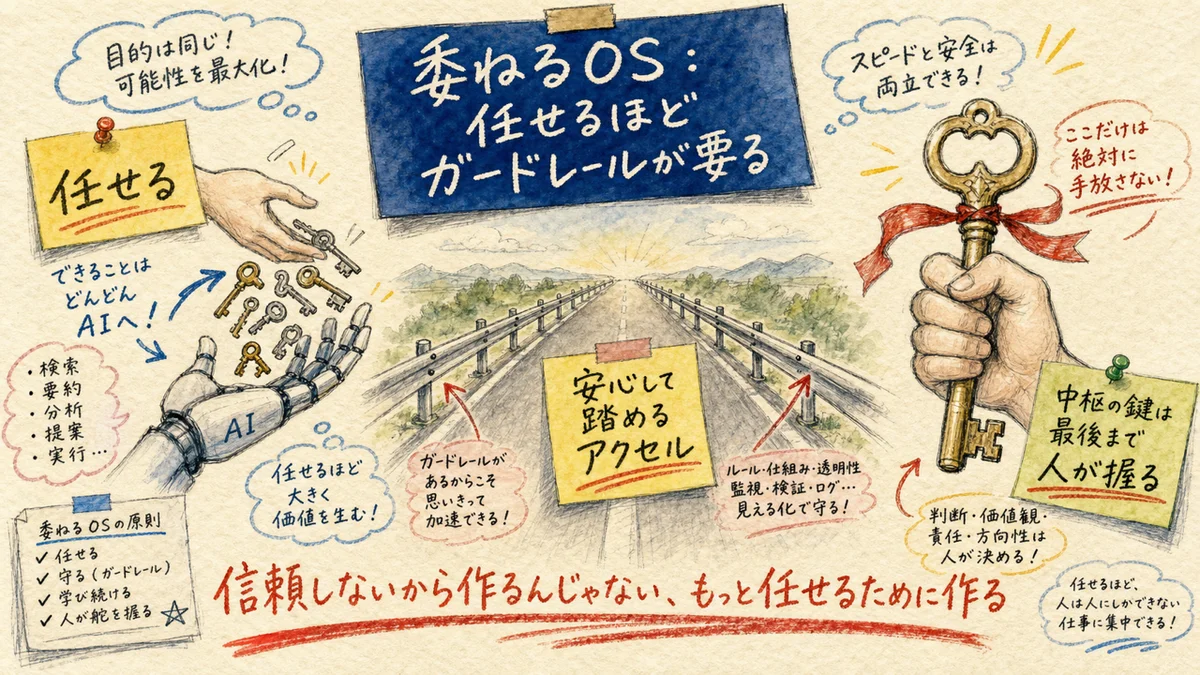 委ねるOS。任せるほどガードレールが要る。中枢の鍵だけは最後まで人間が握る図