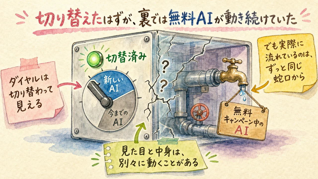 表側の操作パネルは切り替わって見えるのに裏の配管は元のままという水彩イラスト