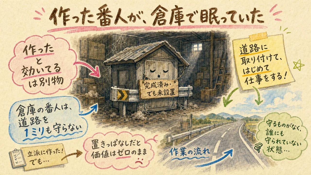 AIの「ガードレール」は作っただけでは効かない——承認を「言葉」から「通行証」に変えた話|分身AI日記 DAY119 完成したのに設置されず倉庫でホコリをかぶった見張りの番人の水彩イラスト