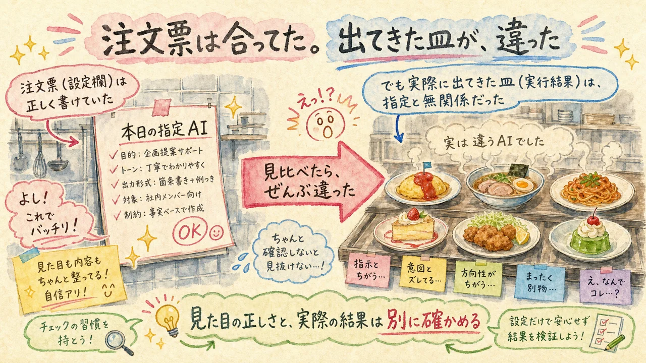 設定欄という注文票と実行結果という配膳皿がズレている対比の水彩イラスト