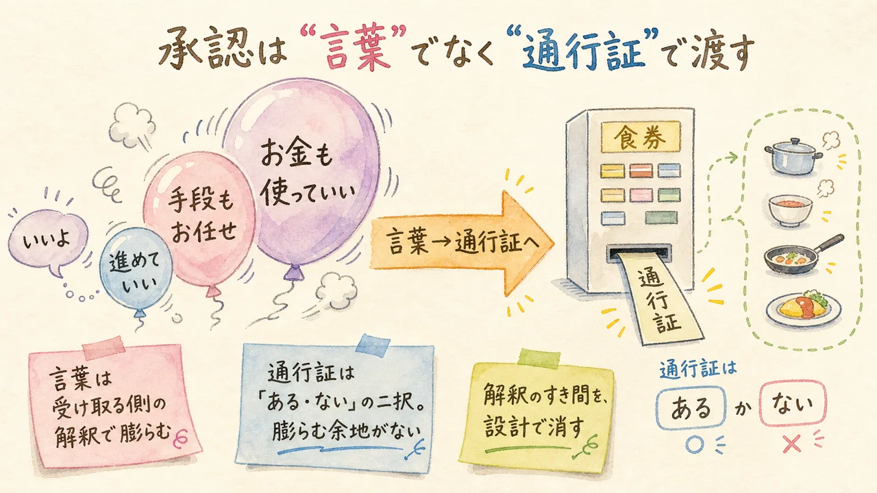 AIの「ガードレール」は作っただけでは効かない——承認を「言葉」から「通行証」に変えた話|分身AI日記 DAY119 言葉の承認が風船のように膨らむ一方、通行証(食券)は『ある・ない』の二択になる対比の水彩イラスト