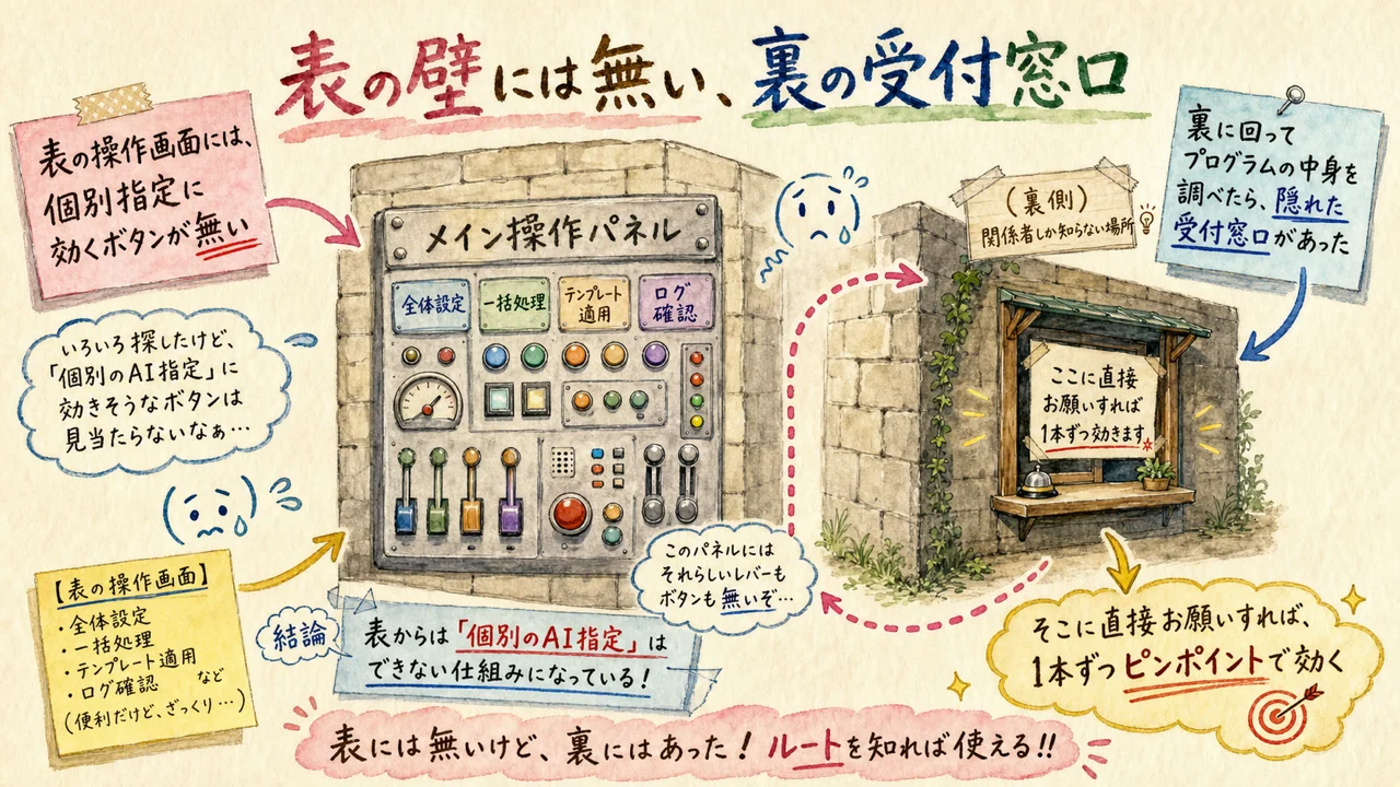 表の操作パネルには無い個別指定の隠しスイッチを裏側で見つける水彩イラスト