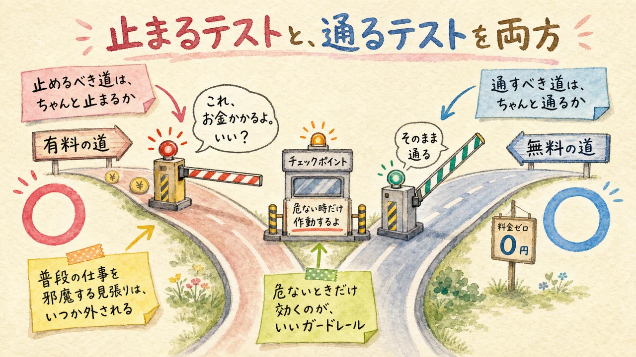 AIの「ガードレール」は作っただけでは効かない——承認を「言葉」から「通行証」に変えた話|分身AI日記 DAY119 有料の道で番人が止め、無料の道は素通りさせる二又の道の水彩イラスト
