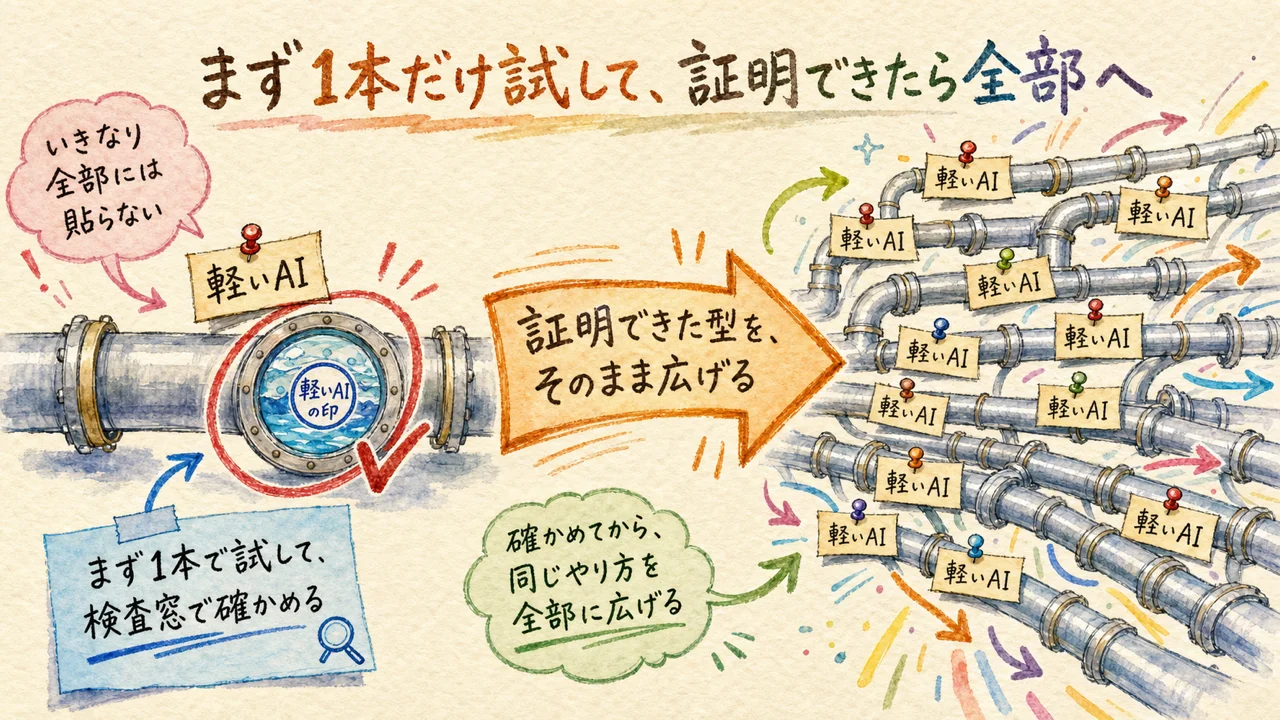 1本の試験配管で実証してから多数の配管に同じピンを広げていく水彩イラスト