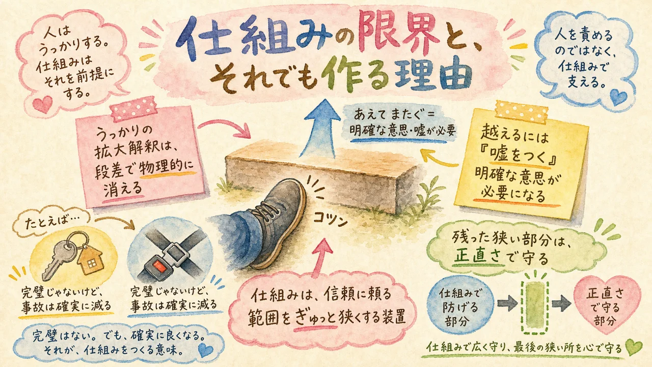AIの「ガードレール」は作っただけでは効かない——承認を「言葉」から「通行証」に変えた話|分身AI日記 DAY119 うっかりは段差で止まり、越えるには明確な意思が必要と示す水彩イラスト