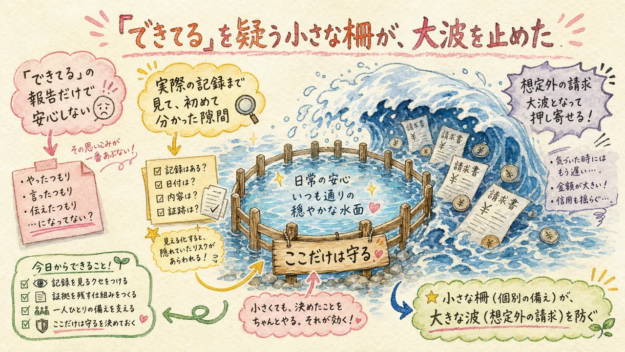 個別ピン留めという小さな柵が請求の大波をせき止める水彩イラスト