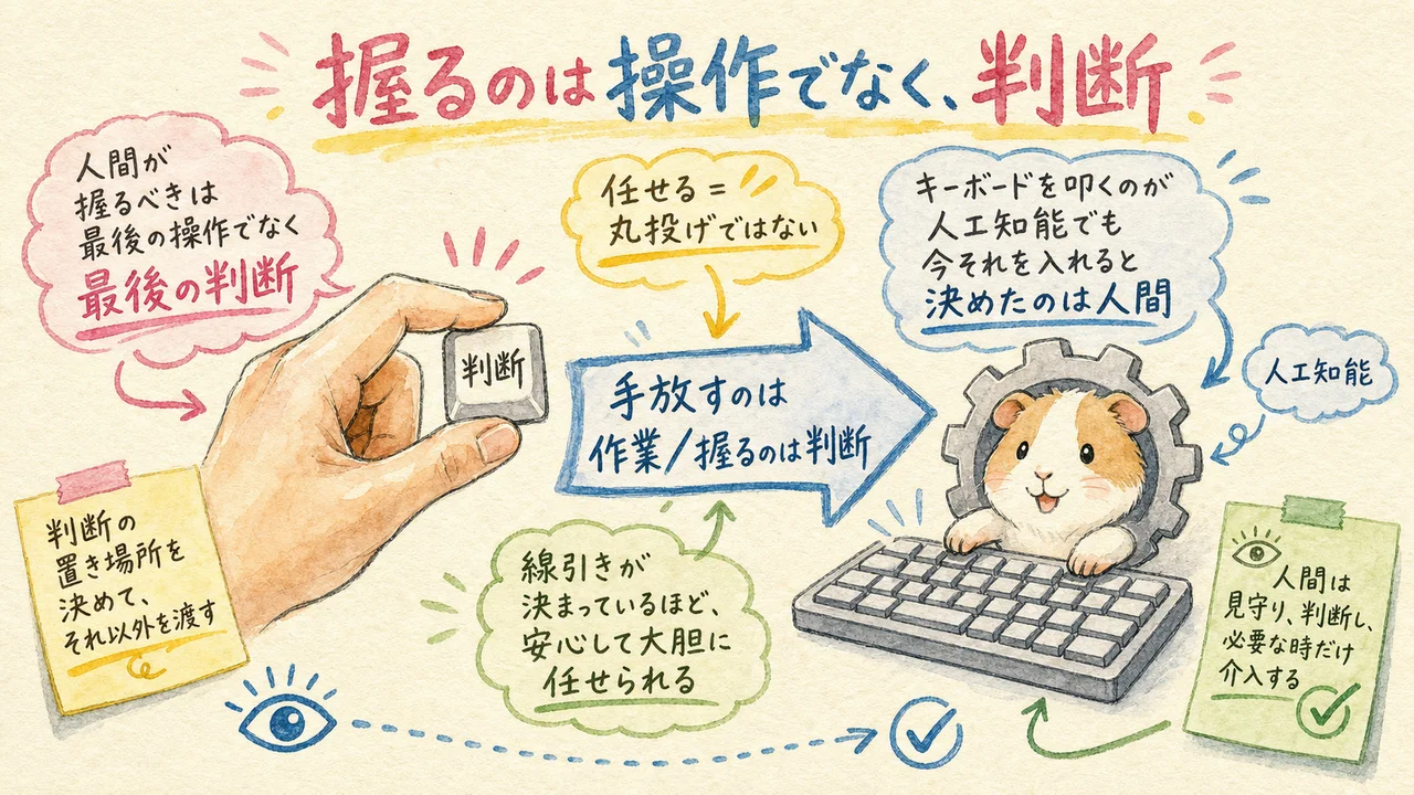 AIの「ガードレール」は作っただけでは効かない——承認を「言葉」から「通行証」に変えた話|分身AI日記 DAY119 判断の鍵を人間が握り、キーボード操作はAIが担う役割分担の水彩イラスト