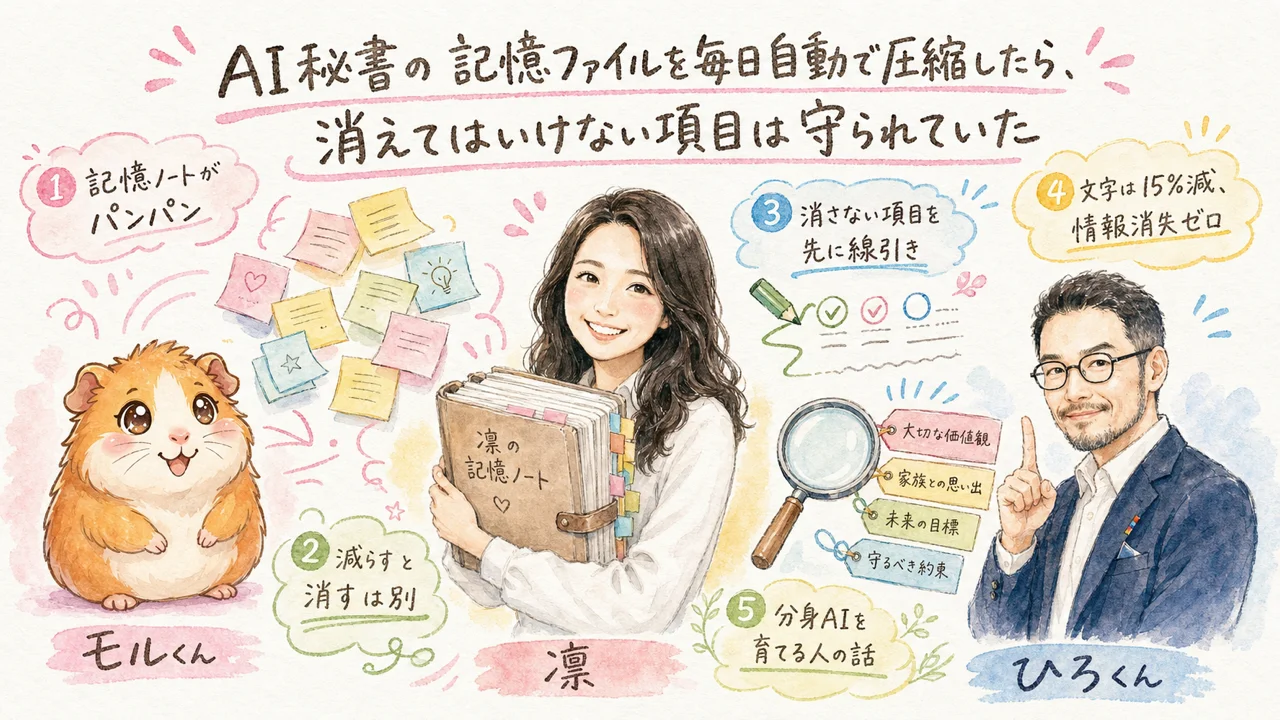 AI秘書の記憶ノートを毎日自動で圧縮したら、消えてはいけない項目は守られていた|分身AI日記 DAY131 proeco day131 eyecatch
