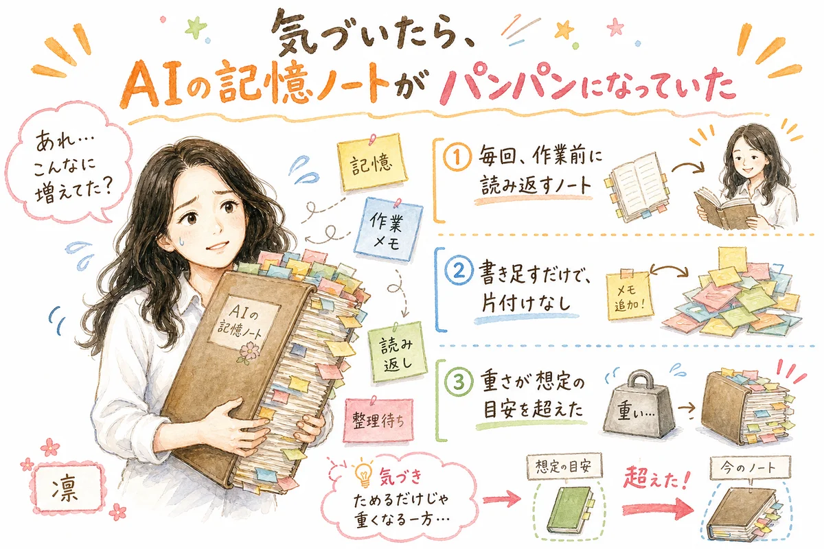AI秘書の記憶ノートを毎日自動で圧縮したら、消えてはいけない項目は守られていた|分身AI日記 DAY131 気づいたら、AIの記憶ノートがパンパンになっていた