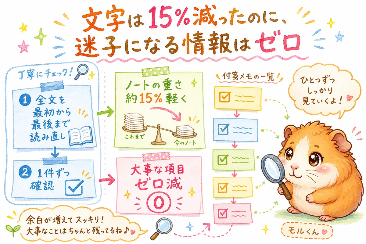 AI秘書の記憶ノートを毎日自動で圧縮したら、消えてはいけない項目は守られていた|分身AI日記 DAY131 結果は「文字は15%減ったのに、迷子になる情報はゼロ」だった