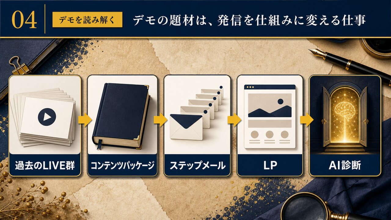 AI共創パートナー ループ合宿|ひろくん用 AI共創パートナー ループ合宿 スライド4:デモの題材は、発信を仕組みに変える仕事