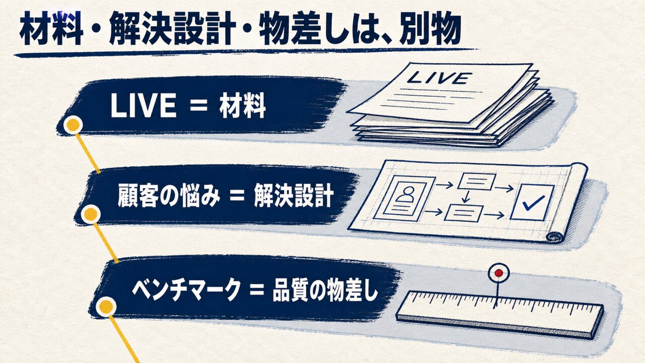 AI共創パートナー ループ合宿|ひろくん用 AI共創パートナー ループ合宿 スライド5:材料・解決設計・物差しは、別物
