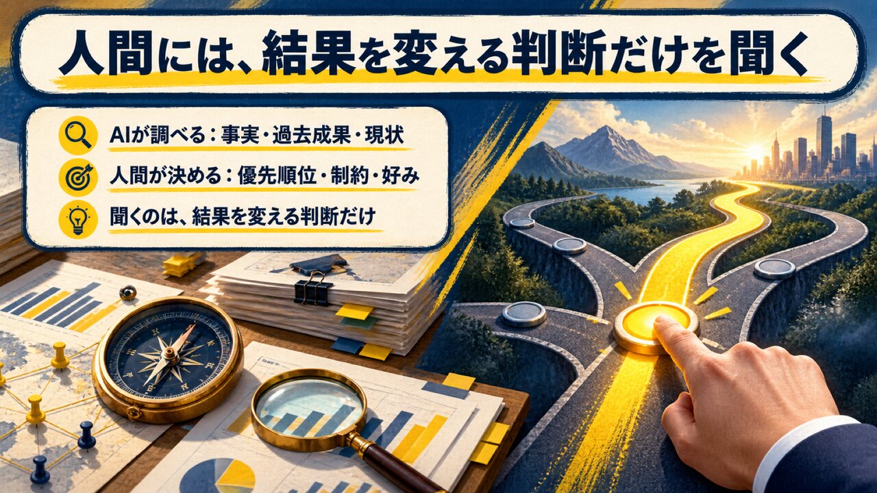 AI共創パートナー ループ合宿|ひろくん用 AI共創パートナー ループ合宿 スライド10:人間には、結果を変える判断だけを聞く