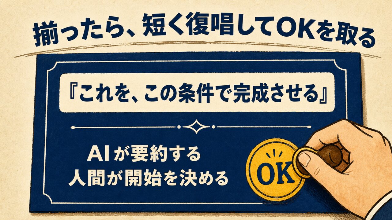 AI共創パートナー ループ合宿|ひろくん用 AI共創パートナー ループ合宿 スライド13:揃ったら、短く復唱してOKを取る