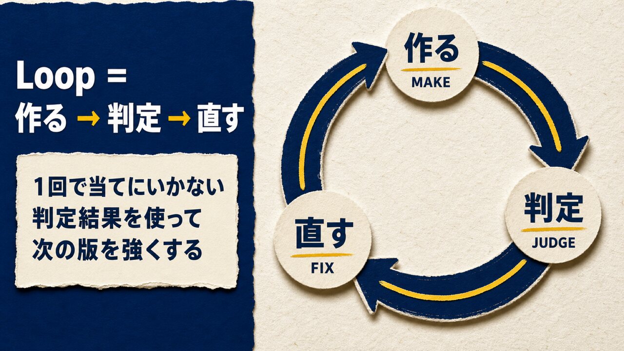 AI共創パートナー ループ合宿|ひろくん用 AI共創パートナー ループ合宿 スライド17:Loop = 作る → 判定 → 直す