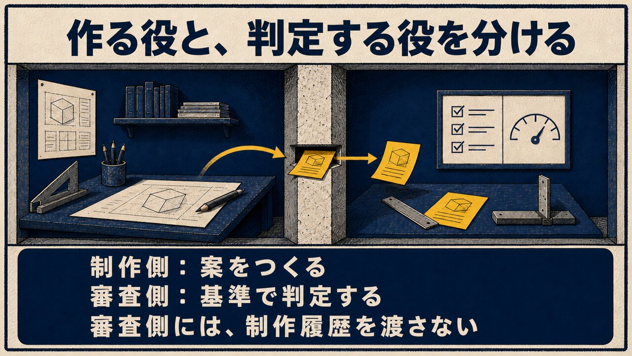 AI共創パートナー ループ合宿|ひろくん用 AI共創パートナー ループ合宿 スライド18:作る役と、判定する役を分ける