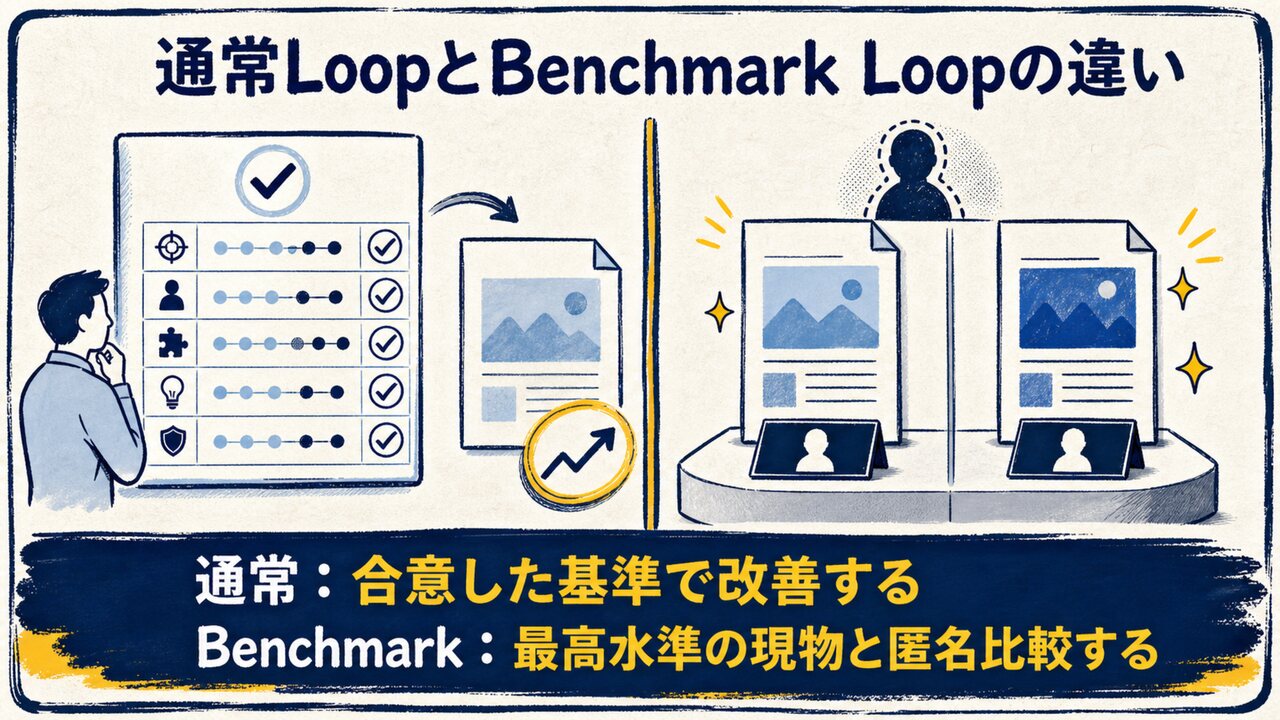 AI共創パートナー ループ合宿|ひろくん用 AI共創パートナー ループ合宿 スライド19:通常LoopとBenchmark Loopの違い