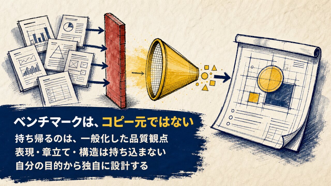 AI共創パートナー ループ合宿|ひろくん用 AI共創パートナー ループ合宿 スライド21:ベンチマークは、コピー元ではない