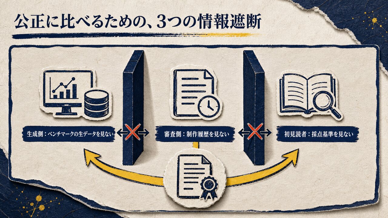 AI共創パートナー ループ合宿|ひろくん用 AI共創パートナー ループ合宿 スライド22:公正に比べるための、3つの情報遮断
