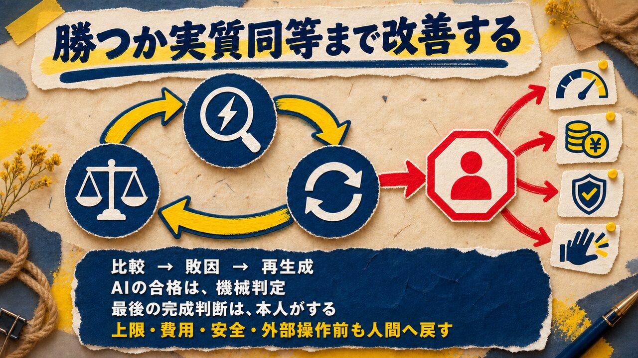 AI共創パートナー ループ合宿|ひろくん用 AI共創パートナー ループ合宿 スライド25:勝つか実質同等まで改善する