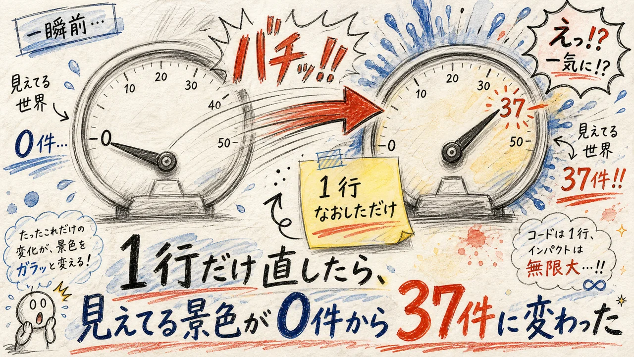 1行だけ直したら、見えてる景色が0件から37件に変わった