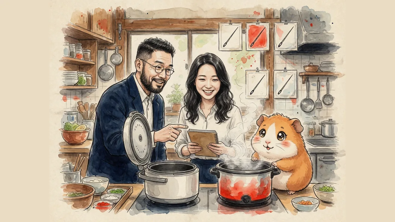 空の炊飯器と隣の鍋を見るひろくん・AI秘書の凛・モルくん