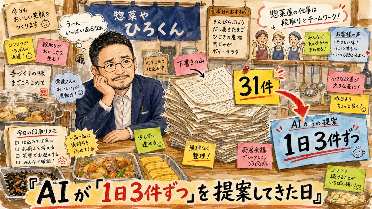 惣菜屋の厨房でひろくんが31件の下書きの山を見て、AIからの「1日3件ずつ」という提案の付箋を眺めているグラレコ風イラスト