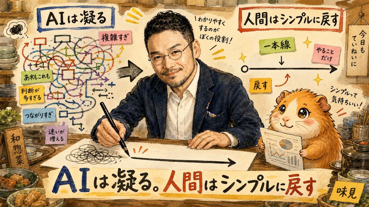 複雑に絡み合った矢印の図をひろくんが一本のシンプルな線に描き直し、モルくんがデータを見せているグラレコ風イラスト