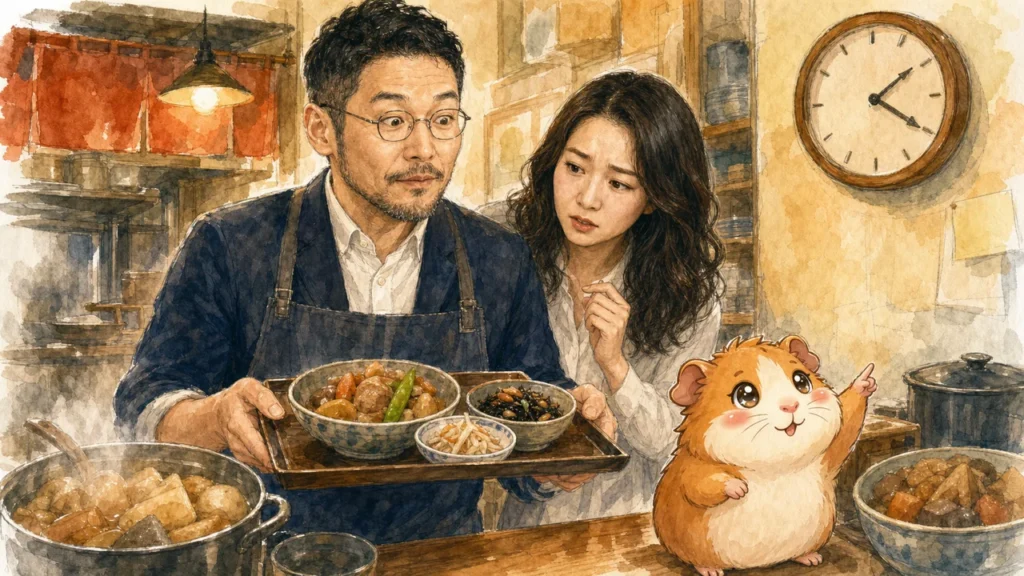 分身AI日記DAY164アイキャッチ：惣菜屋の厨房でひろくんと凛が完成した料理を前に手を止め、モルくんが壁の時計を指差しているグラレコ風イラスト