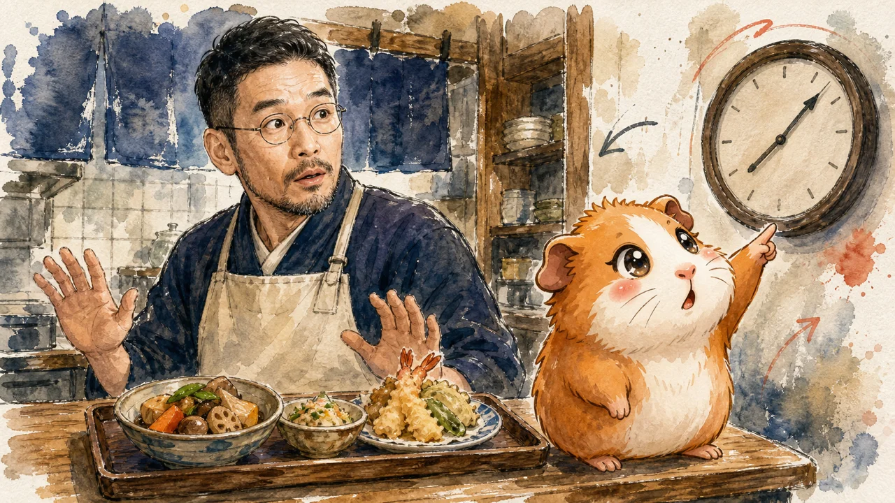 惣菜屋の厨房でひろくんが完成した料理を前に手を止め、モルくんが壁の時計を指差しているグラレコ風イラスト
