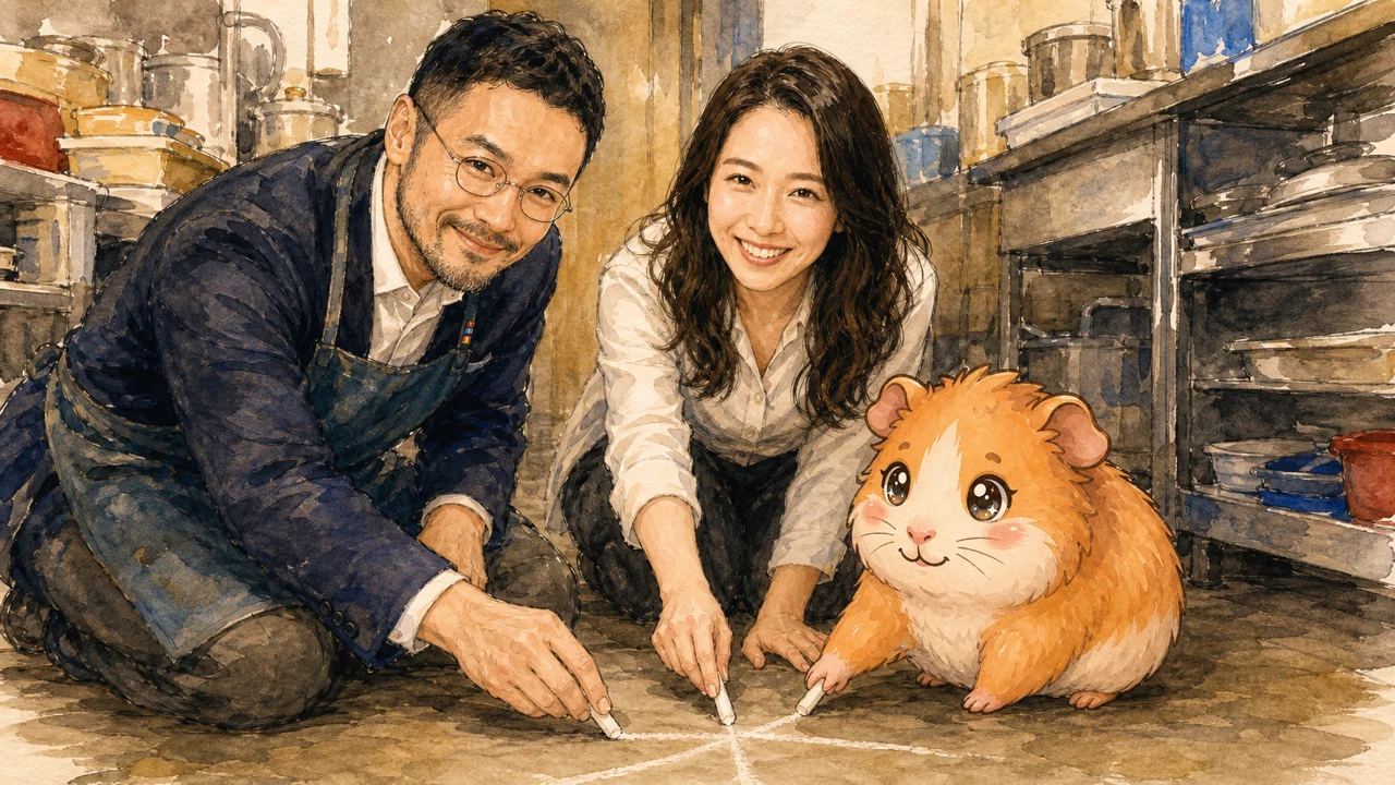 惣菜屋の厨房でひろくんと凛とモルくんが3人で一本の線を床に引いているグラレコ風イラスト