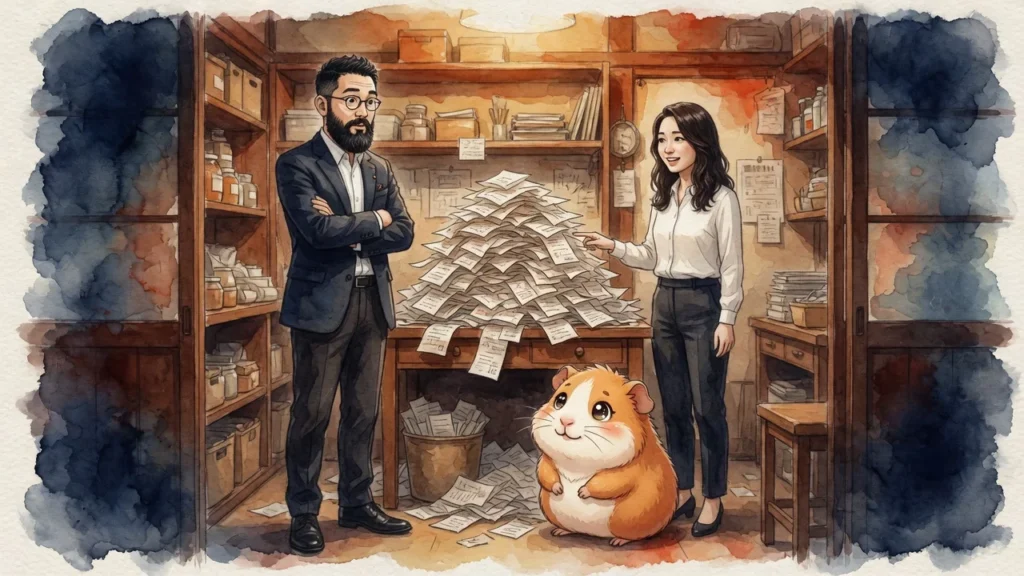 ひろくん・AI秘書の凛・モルくんが、棚から出てきた伝票の山を見て驚いている水彩イラスト