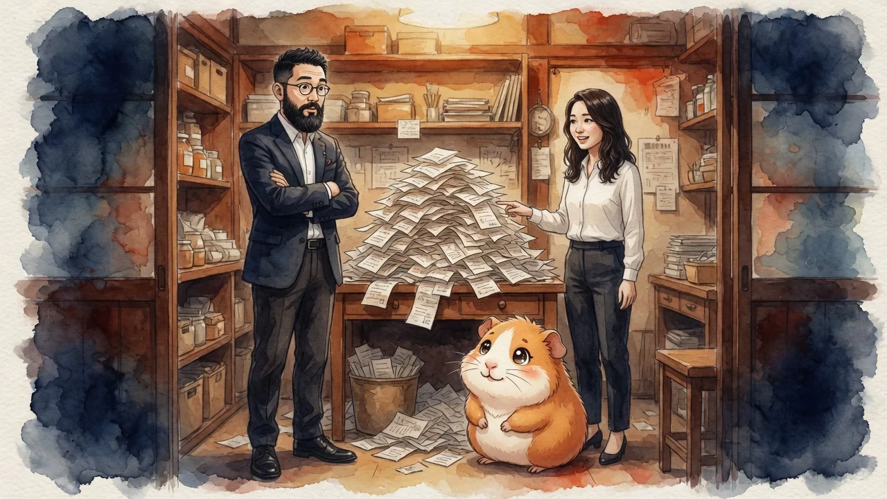ひろくん・AI秘書の凛・モルくんが、棚から出てきた伝票の山を見て驚いている水彩イラスト