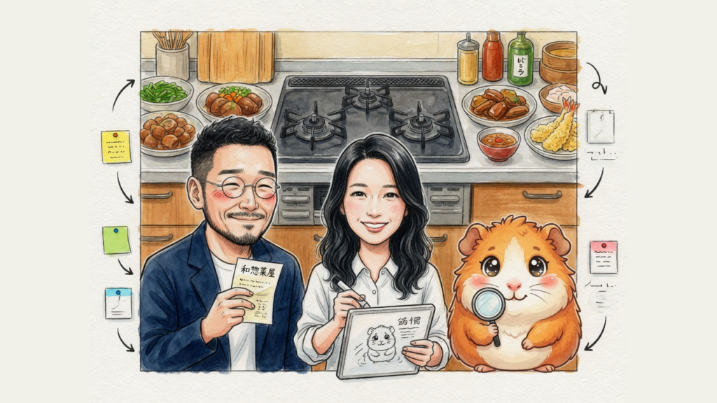 AI秘書の凛ちゃん・分身AIひろくん・モルくんが厨房で反省している水彩イラスト