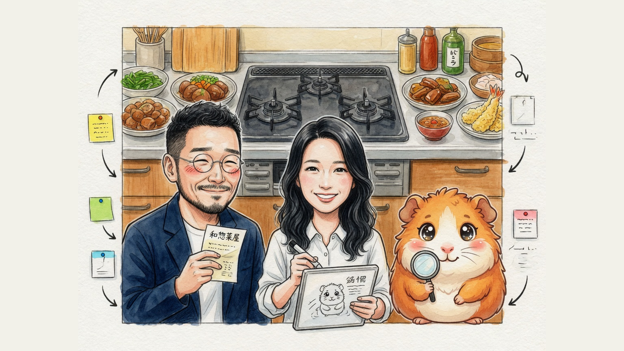 AI秘書の凛ちゃん・分身AIひろくん・モルくんが厨房で反省している水彩イラスト