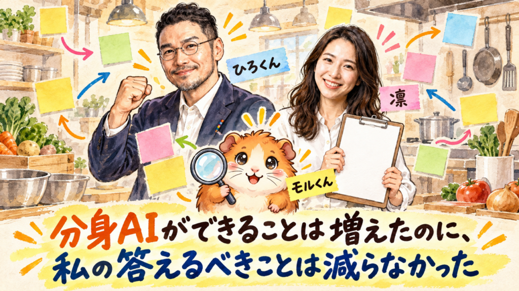 ひろくん・AI秘書の凛ちゃん・モルくんが厨房で、分身AIができることは増えたのに私の答えるべきことは減らなかったことを示すグラレコ風イラスト