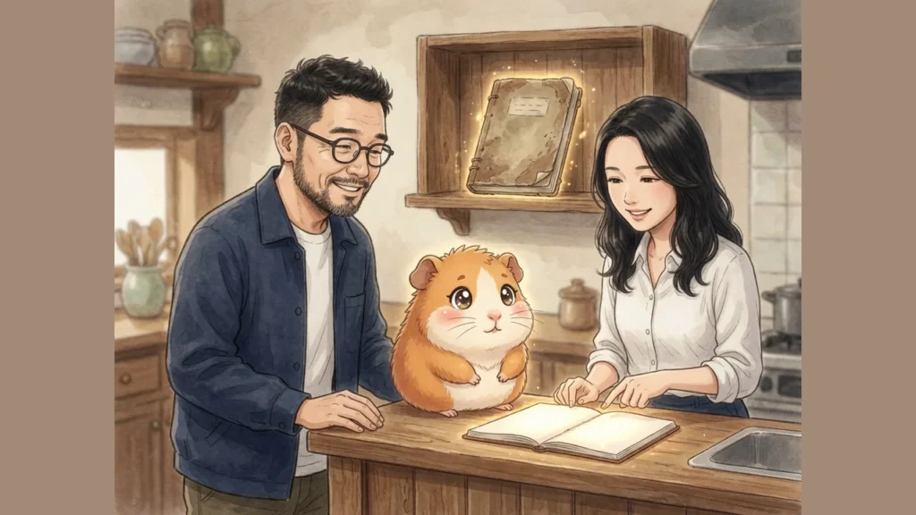 ひろくん・AI秘書の凛ちゃん・モルくんが厨房で古い帳面と新しい帳面を見比べている水彩イラスト