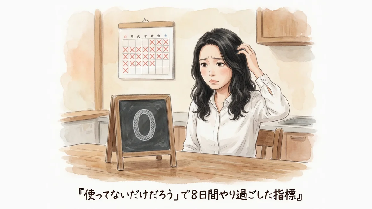 AI秘書の凛ちゃんが指標が0のまま8日間続いていることに首をかしげている水彩イラスト