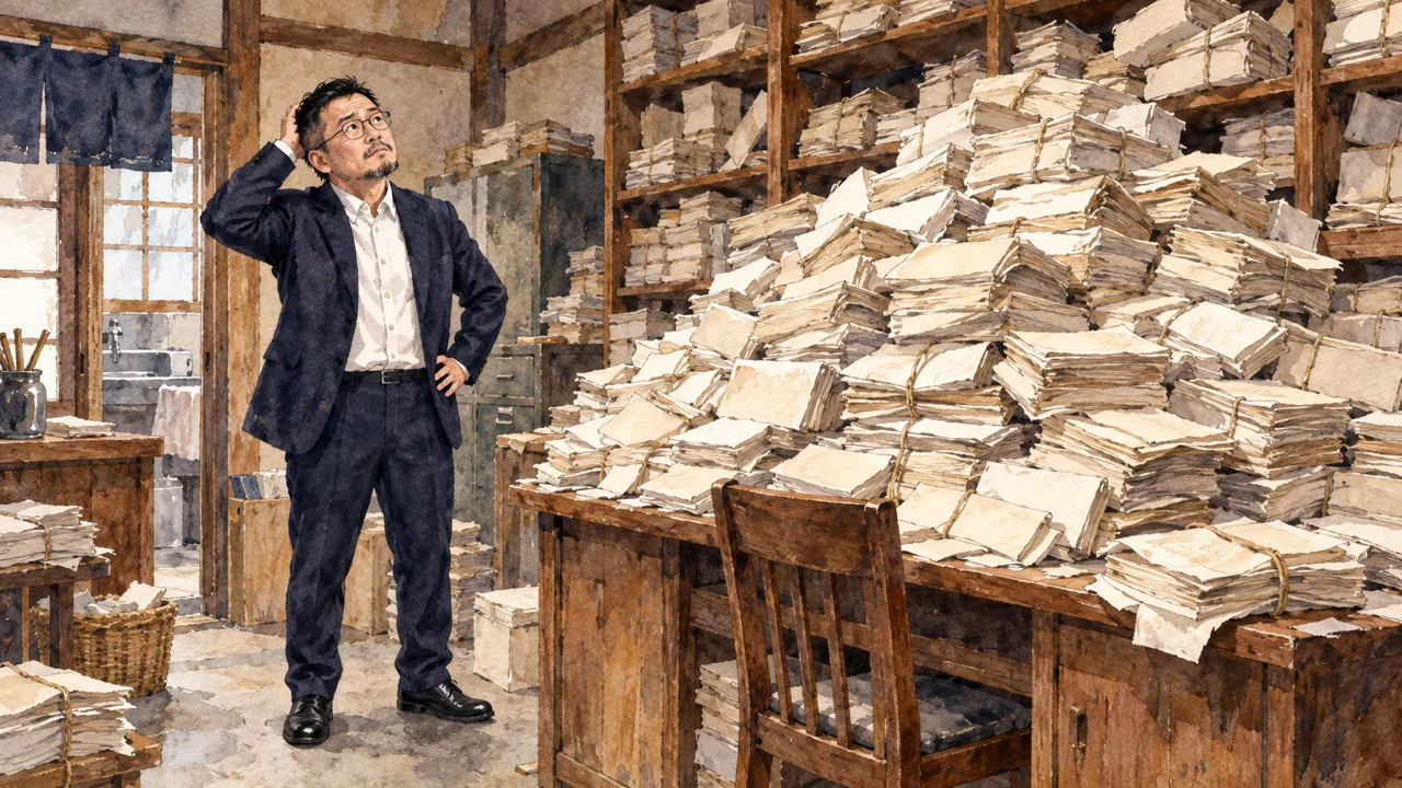 3回指摘してやっと直った、受信箱4,786件の話|分身AI日記 DAY167 伝票が山積みになった棚を見上げるひろくんの水彩イラスト