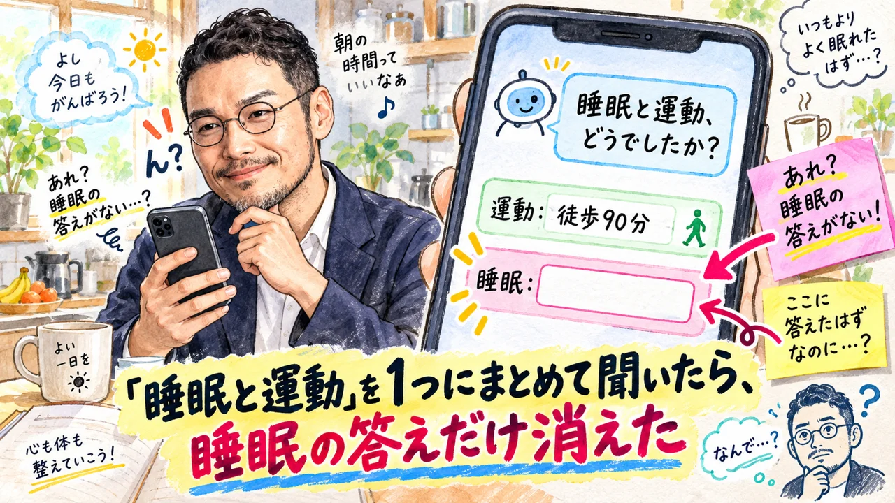 「睡眠と運動」を1つにまとめて聞いたら、睡眠の答えだけ消えた